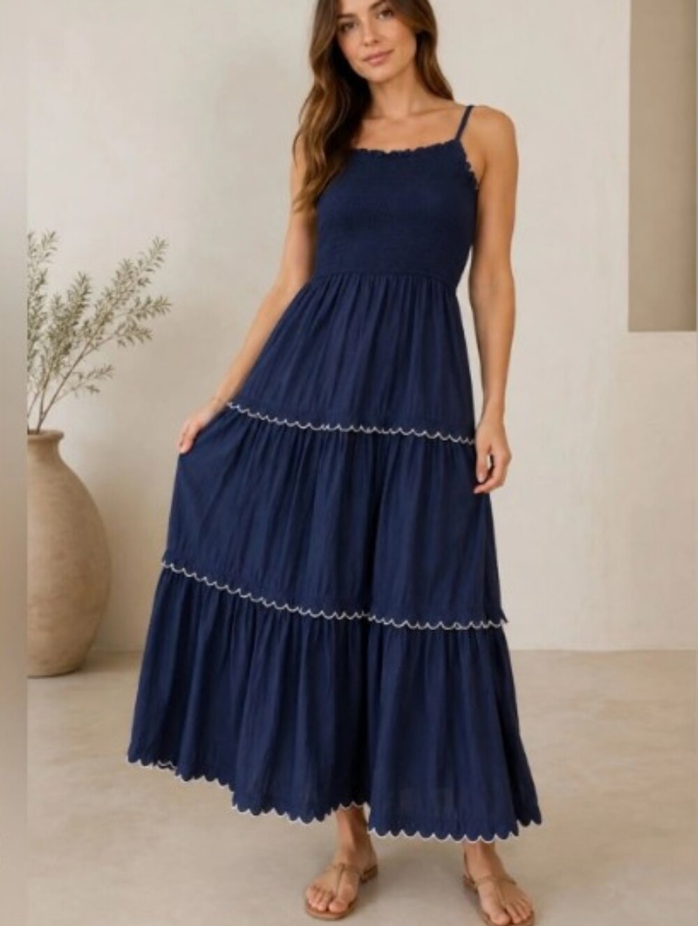 Ann Taylor Navy Tiered Maxi Dress-Style Skirt with Scalloped Edging